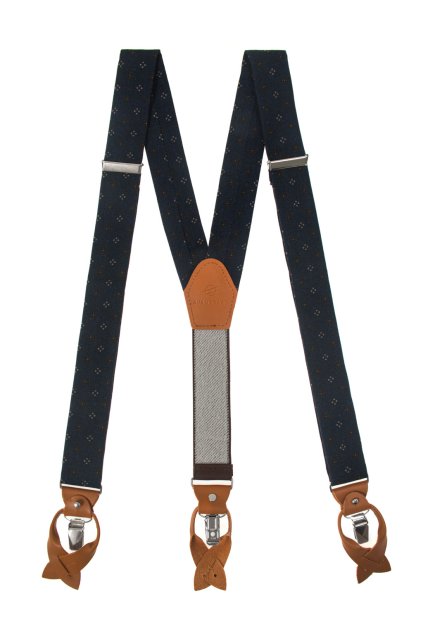 Šle ve tvaru Y s variabilním zapínáním na klipy nebo kožená poutka, 864-310469, Tmavě modrá, koňaková kůže