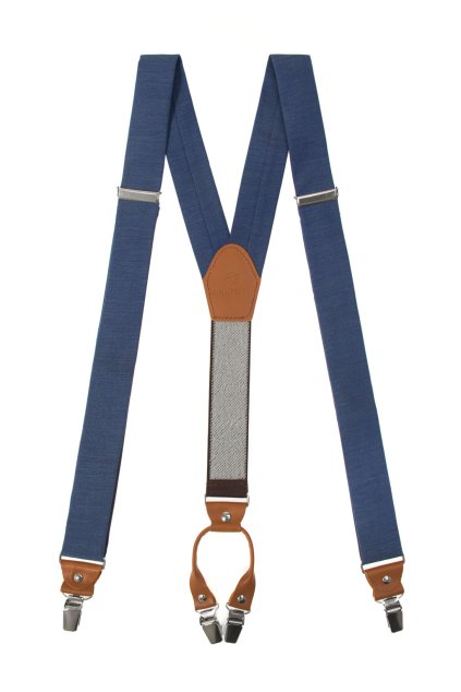 Látkové šle Y s koženým středem a zapínáním na klipy - 35 mm - v dárkovém balení, 880-310669, Modrá, koňaková kůže