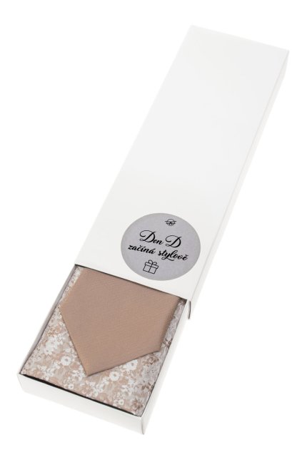 Dárkový set Den D začíná stylově - Kravata s kapesníčkem v papírové krabičce, 919-0481500, Béžová