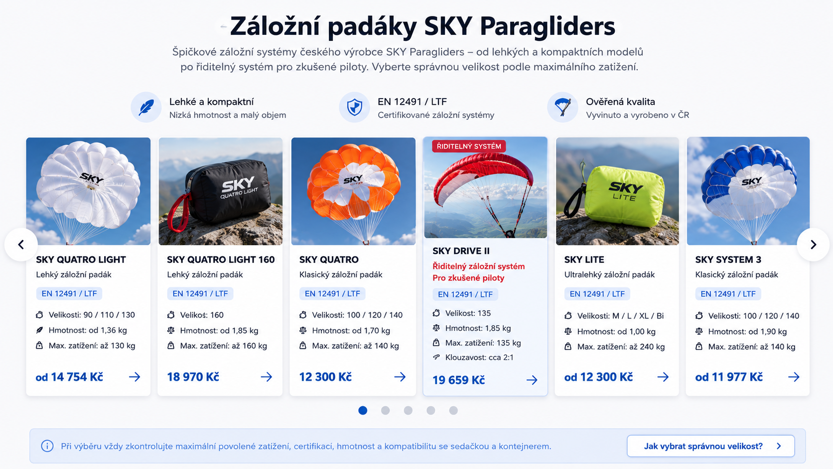 Široká nabídka záložních padaků od firmy SKY Paragliders