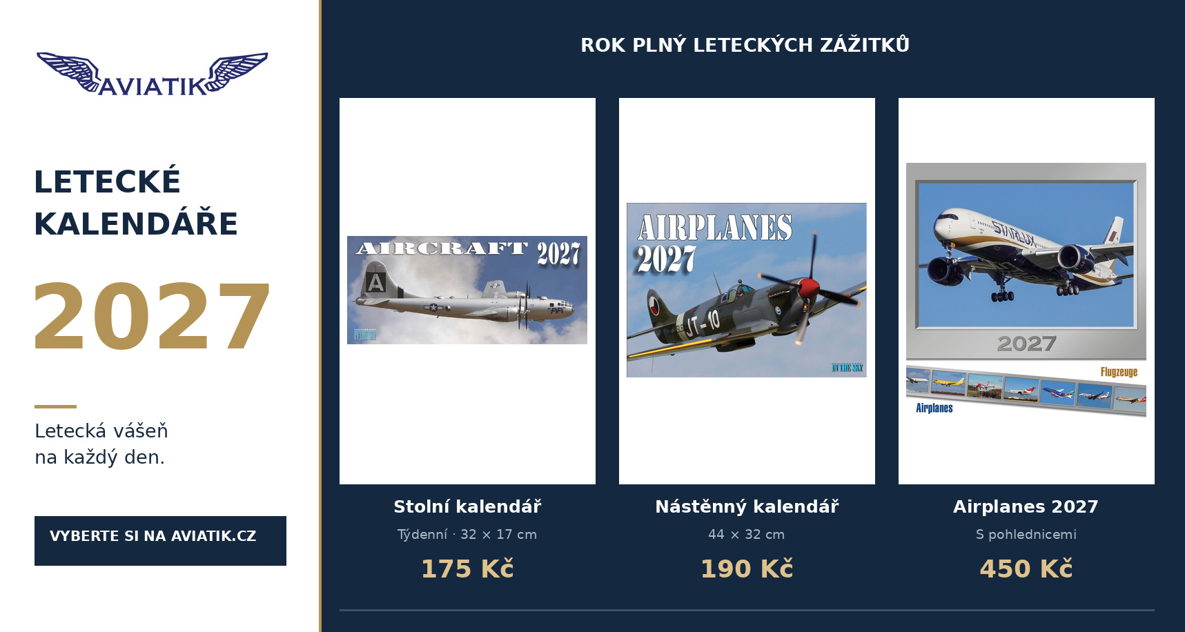 Letecké kalendáře 2027 AVIATIK – stolní, nástěnný a Airplanes s pohlednicemi