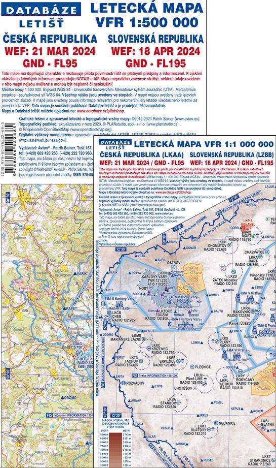 Letecká NAVIGAČNÍ MAPA VFR 1:500 000 + 1:1 000 000 ČR+SR (k dokoupení, WEF 21 MAR 2024) Materiál: Lamino