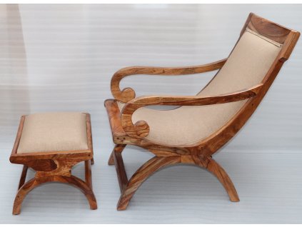 Relaxační křeslo s taburetem v kombinace dřeva a čalounění,palisandrový masiv,, indický nábytek - KT 2