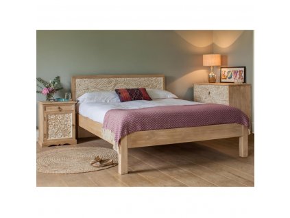 Manželská postel 160x200 z masívu mango s vyřezávanými ornamenty - SITA BED 160