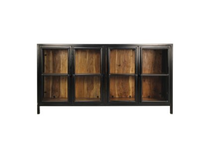 Designová industriální prosklená komoda v kombinaci černé a dřeva 170x40x90