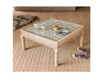 Konferenční stolek 80x80x45 z masívu mango s vyřezávanými ornamenty - SITA-COF
