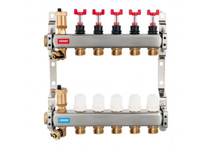 Rozdělovač nerez s průtokoměry a uzav. ventily, 10 okruhů