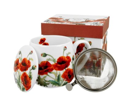 hrnek 430ml baňatý VLČÍ MÁKY+víčko+sítko NR, porcelán, DB