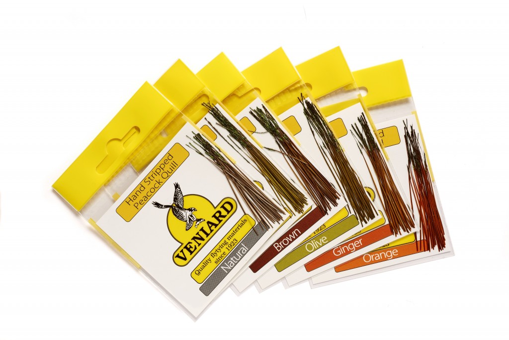 Veniard Obrané Paprsky z Páva Hand Stripped Peacock Quills Golden Olive