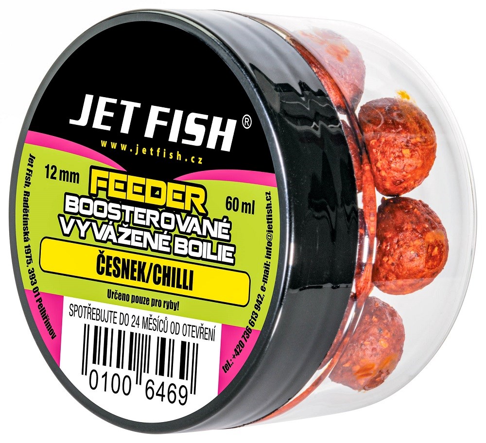 Jet Fish Feeder Boosterované Vyvážené Boilie 12mm 60ml Průměr: 12mm, Příchuť: Banán Chilli, Objem: 60ml - Obrázek 2