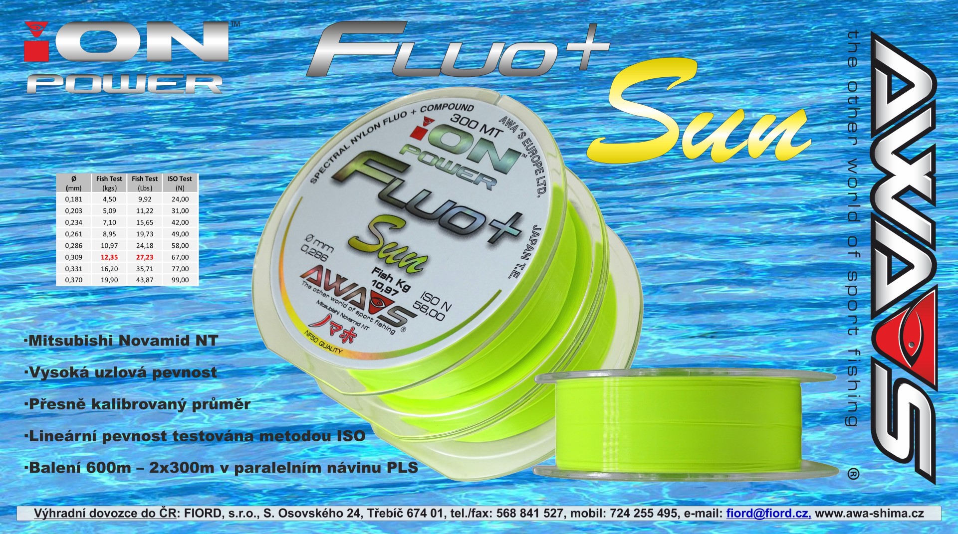 AWAS Vlasec Ion Power Fluo+ Sun 2x300 m Nosnost: 16,20kg, Průměr: 0,33mm - Obrázek 2