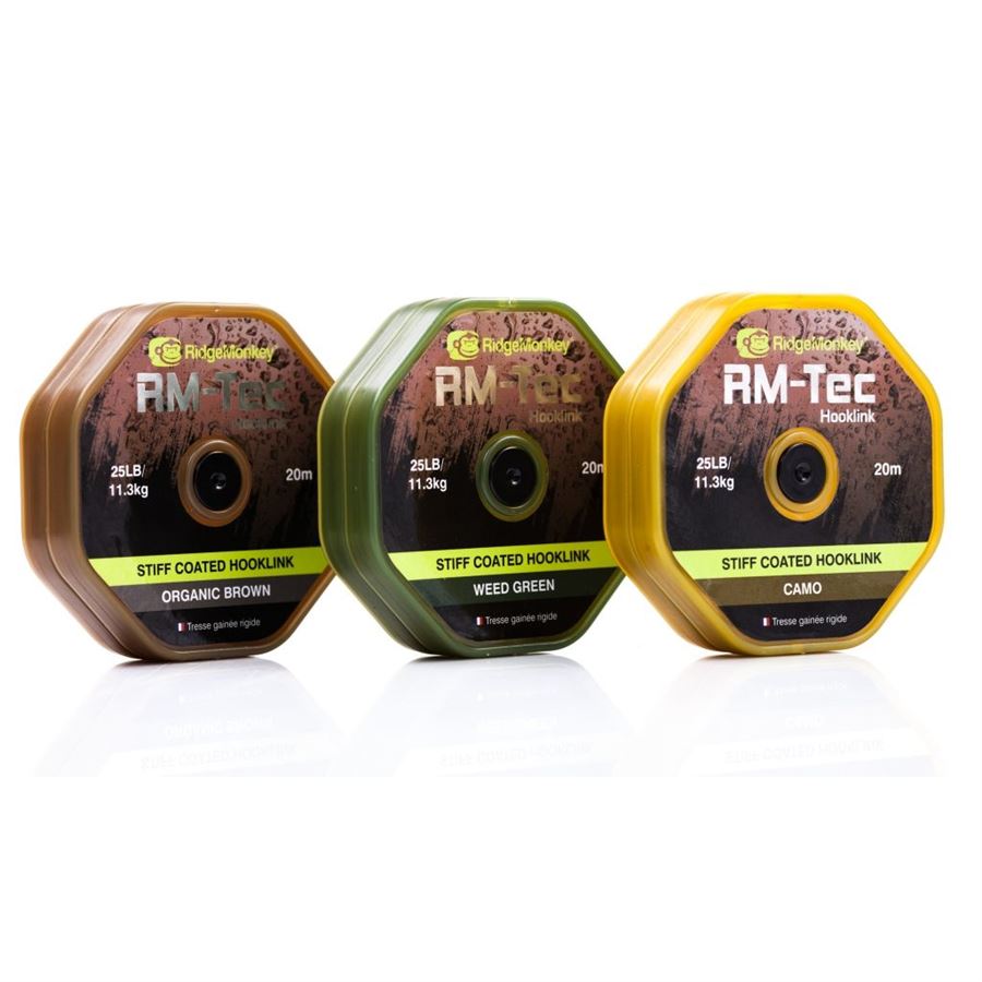 RidgeMonkey Šňůra RM-Tec Stiff Coated Hooklink 25lb 20m Barva: Camo (obrázek 9)