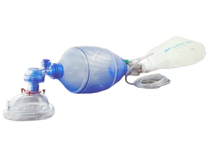 Resuscitační dýchací vak s maskou, hadičkou a O2 rezervoárem
