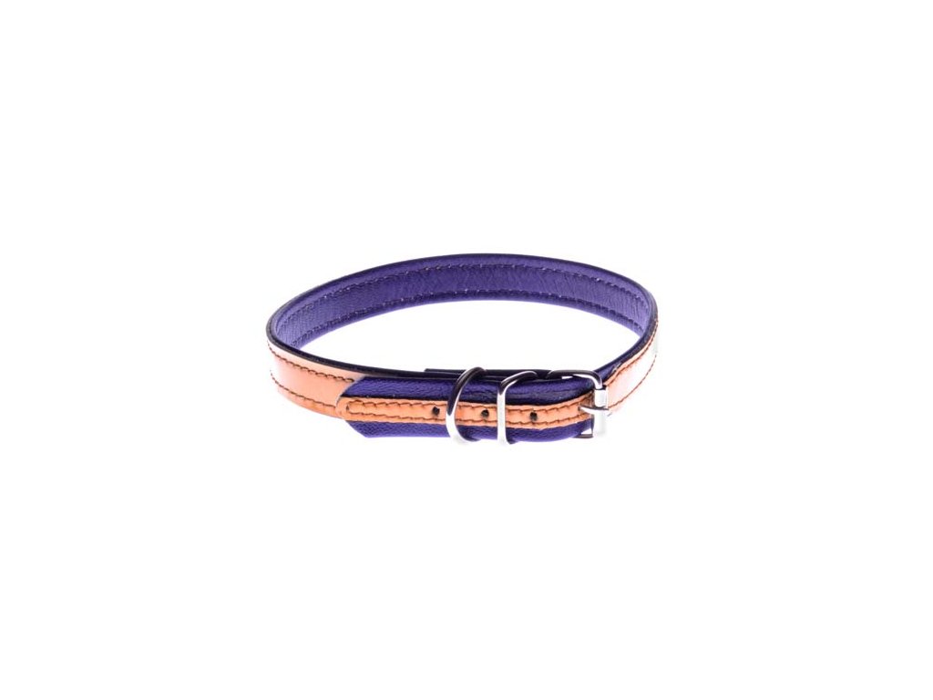 COBBYS PET Obojok z pravej kože s vysokým leskom bledohnedý, podšitý brúsenou fialovou kožou 15mm/35cm