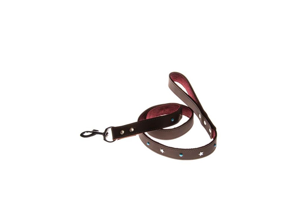 COBBYS PET Vodidlo z pravej kože hnedé, podšité, zdobené striebornými hviezdičkami a modrými kamienkami 25mm/120cm