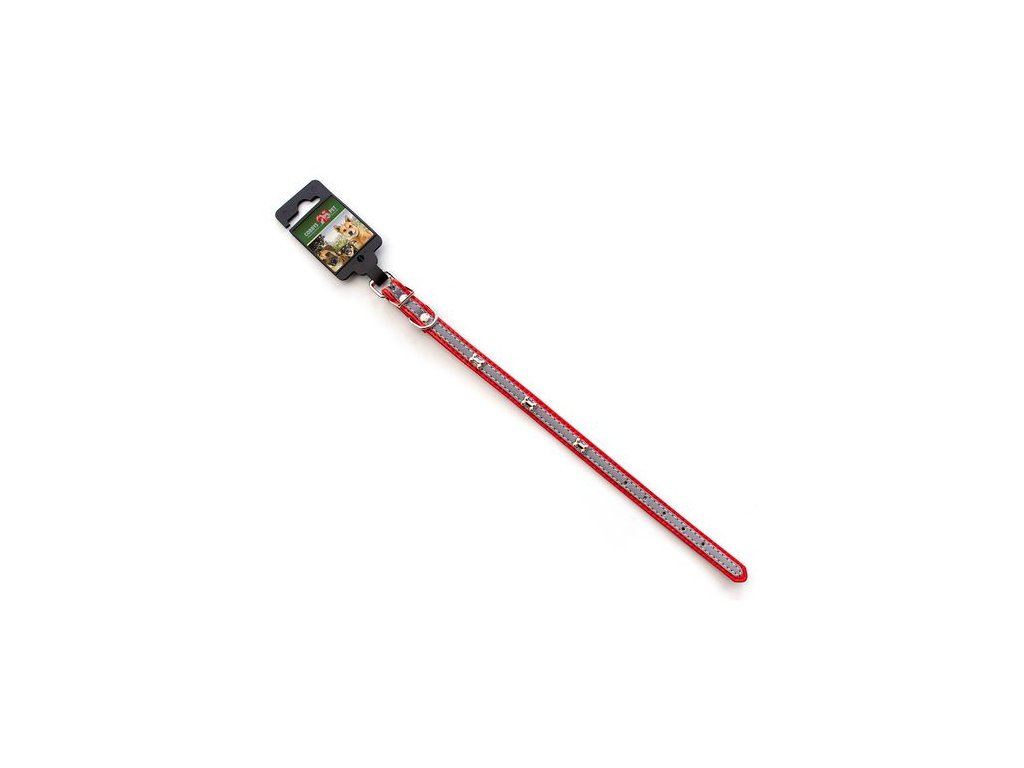 COBBYS PET Obojok kožený červený s reflexným pruhom zdobený s kostičkami 40cm/16mm