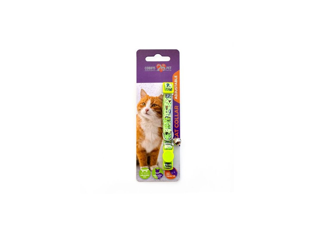COBBYS PET Nastaviteľný obojok pre mačky zelený s rolničkou 20-30cm/10mm s bezpečnostnou sponou