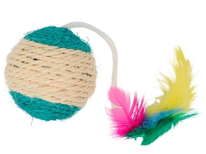 Hračka pro kočky - sisalový míček s pírky 6 cm, s catnipem
