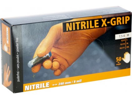 Nitrilové rukavice, X-Grip, oranžové, délka 24 cm, velikost M