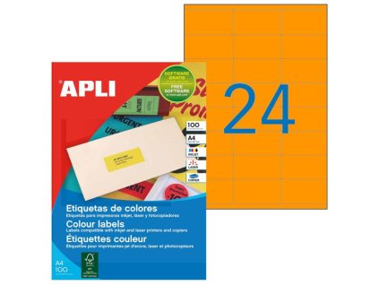 Etikety farebné 70x35mm APLI A4 100 hárkov fluo oranžové