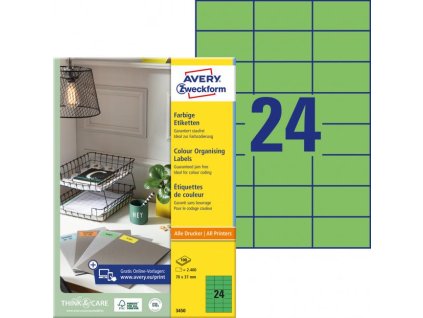 Etikety farebné 70x37mm Avery A4 100 hárkov zelené