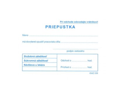 Tlačivo Priepustka A7, 100 listov