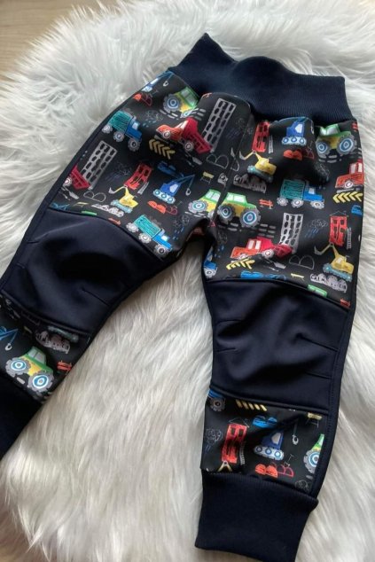 Rostoucí kalhoty s fleecem ,,Dopravní prostředky,, - modré s dvěmi vrstvami nabíraných kolen bez kapes/s kapsami