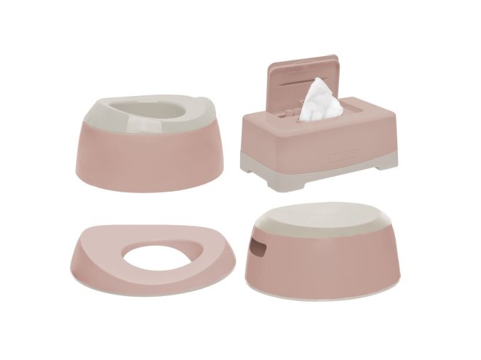 Tréningová sada na toaletu LUMA Blush Pink, Štvordielna tréningová sada na toaletu Luma obsahuje nočník, detské sedadlo na toaletu, protišmykové stúpadlo a box na vlhčené obrúsky. Zvýhodnená cena.
