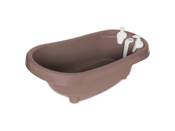 Termo kúpací set de Luxe Fabulous Mocha Mousse, Set obsahuje: termovaničku, kýblik na plienky, sadu na manikúru, hrebeň a kefu, prebaľovaciu podložku a box na vlhčené obrúsky. Súčasťou termovaničky je zabudovaný vaňový teplomer, ktorý je zároveň vaňovou zátkou, dva dávkovače mydla a šampónu,