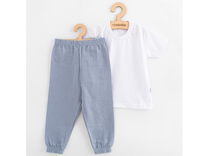 Dětská bavlněná souprava tričko a mušelínové kalhoty New Baby Kindergarten modro-šedá 116 (5-6 let)