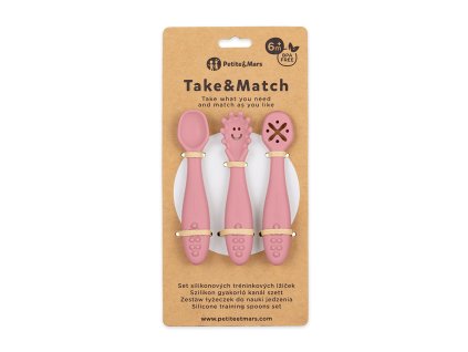 PETITE&MARS Set 3 ks silikonových tréninkových lžiček Take&Match Dusty Rose 6m+
