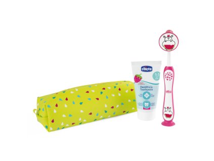 CHICCO Set zubní kartáček a pasta v pouzdře - Hippo, 3r+