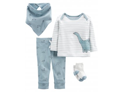 CARTER'S Set 4dílny tričko dl. rukáv, tepláky, ponožky, bryndáček Blue Dino chlapec LBB NB, vel. 56