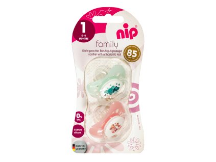 NIP FAMILY šidítko silikon, 0-6m, 2ks, holka (elephant/fox)