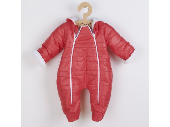 Zimná dojčenská kombinéza s kapucňou s uškami New Baby Pumi red raspberry