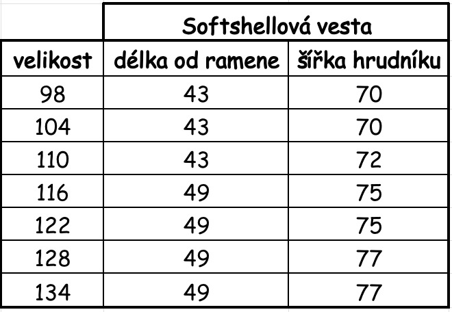 Velikostní tabulka dětských softshellových vest s fleecem Baby-Smile