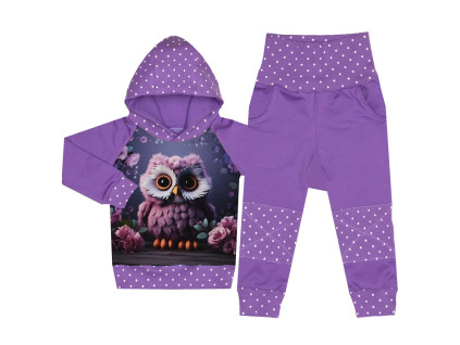 Tepláková souprava - Puntík fialová - sovička (kapuca)