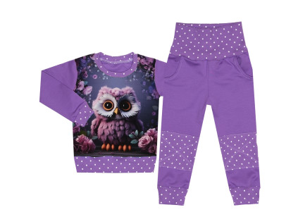 Tepláková souprava - Puntík fialová - sovička (bez kapuce)