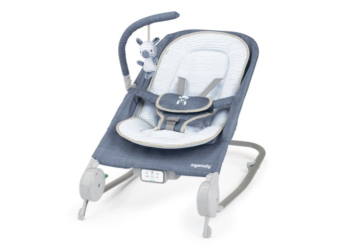 INGENUITY Lehátko masážne vibrujúce s melódiou Happy Belly™ Rock-to-Bounce – Chambray 0m+ do 9kg