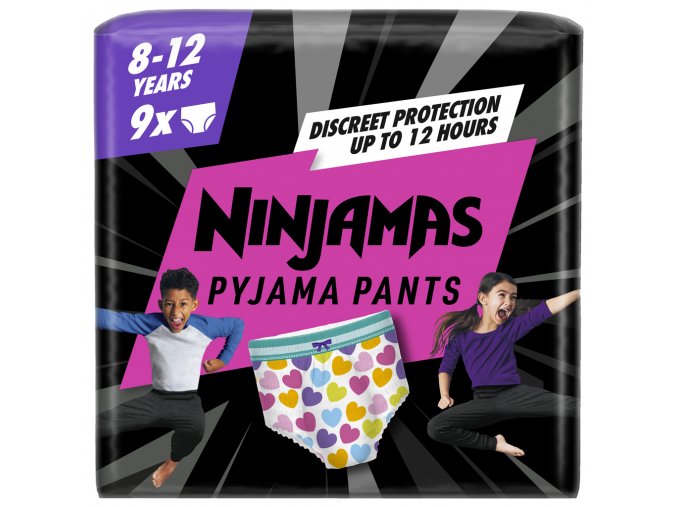 PAMPERS Nohavičky plienkové Ninjamas Pyjama Pants Srdiečka, 9 ks, 8 rokov, 27kg-43kg