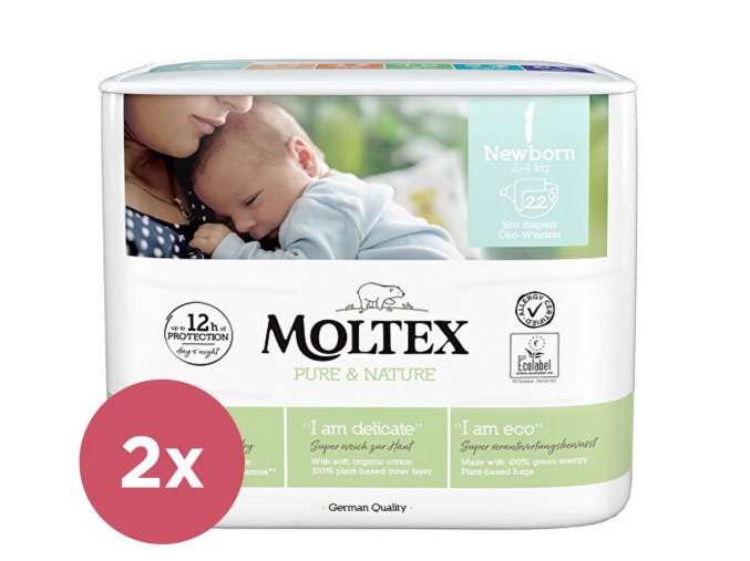 2x MOLTEX Pure&Nature Plienky jednorázové Newborn (2-4 kg) 22 ks