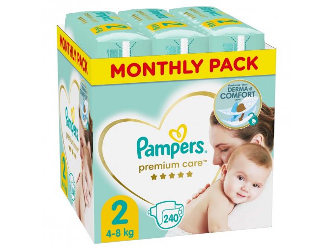 PAMPERS Premium Care Plienky jednorazové 2 (4-8 kg) 240 ks - MESAČNÁ ZÁSOBA