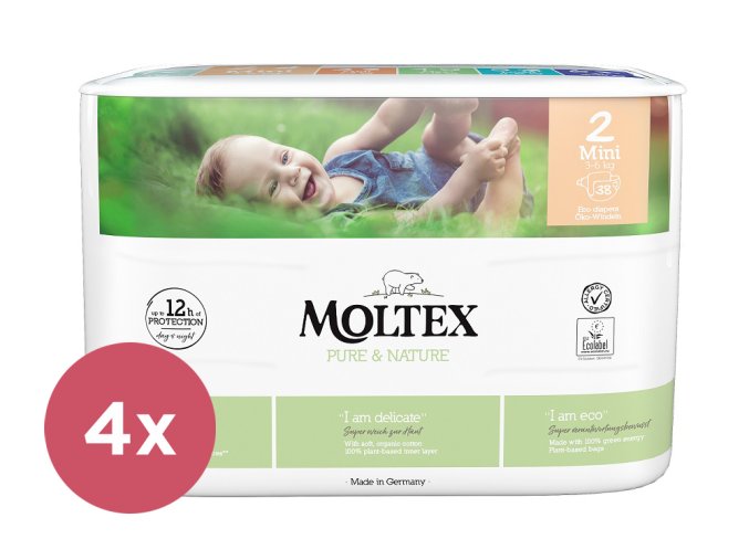 4x MOLTEX Pure & Nature Plienky jednorazové 2 Mini (3-6 kg) 38 ks - ECONOMY PACK