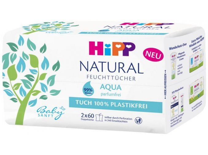 HiPP Babysanft Čistiace vlhčené obrúsky Aqua Natural 2 x 60 ks