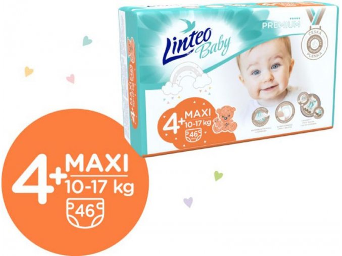 LINTEO BABY Premium Plienky jednorazové 4+ MAXI+ (10-17 kg) 184 ks