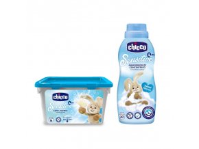 CHICCO Kapsuly pracie gélové Sensitive 16 ks + Aviváž konc. Sladký Púder 750 ml