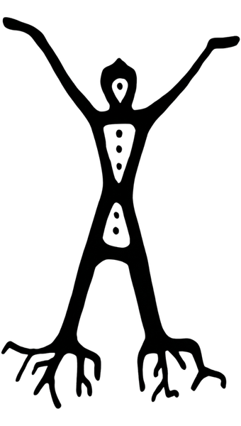 Postava zakořeněná v zemi, otevřená prostoru – symbol propojení člověka, těla a přírody.