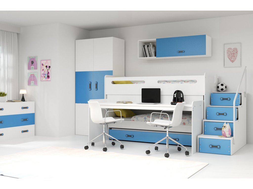 Dětská multifunkční postel s přistýlkou a vysouvacím stolem MAX 1 200x80 modrá