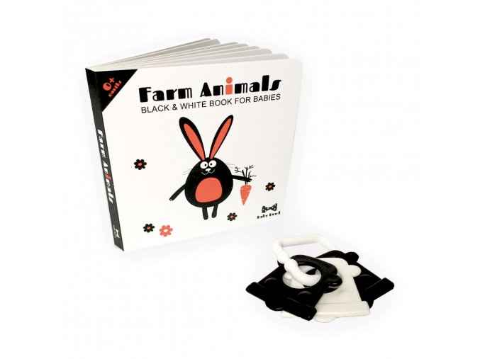 MINI SET (Černobílá kontrastní kniha Farm Animals s chrastítkem / Black and white book Farm Animals with rattle