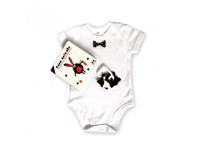 MAXI SET (Černobílá kontrastní kniha Farm Animals s chrastítkem a body / Black and white book Farm Animals with rattle and body suit
